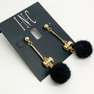 INC Black Pom Ball W/ Gold Tone Long Bar Bow Stud